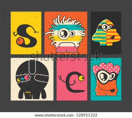Set of six retro postage`s stamp with funny monsters on different color background. Cartoon illustration. vector stickers