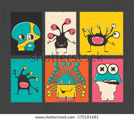 Set of six retro postage`s stamp with funny monsters on different color background, . Cartoon illustration.