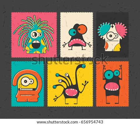 Set of six retro postage`s stamp with funny monsters on different color background. Cartoon illustration. vector stickers