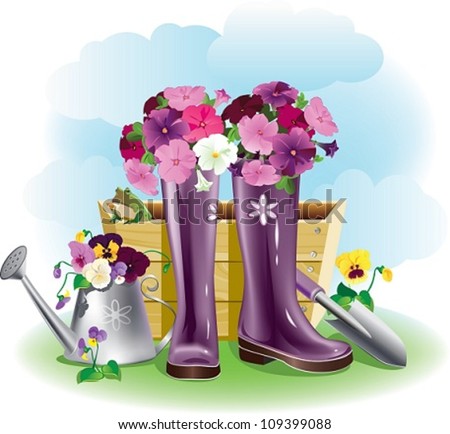 Purple gumboots. Purple gumboots with flowers and garden tools.