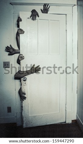 Creepy image of multiple hands opening a door
