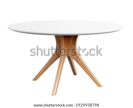 Round wooden table with a white counter. Dining table isolated on white background. Clipping path included. 3D render. 3D illustration.