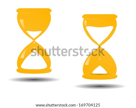 Two orange icons of almost full and almost empty hourglasses with shadows. Vector illustration