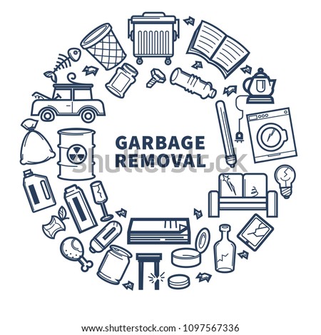 Garbage removal promo monochrome emblem with rubbish in circle