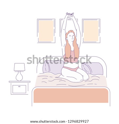 Morning waking up woman in underwear stretching up on bed vector bedroom blanket and pillows pictures on wall lamp on bedside table furniture energy and awakeness girl exercising female character.