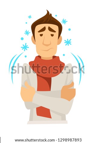 Shivering or trembling man in scarf with cold vector fever and illness or disease symptoms medicine and treatment or healthcare and recovery chill or ague isolated male character and snowflakes. ストックフォト © 