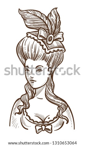 Woman in dress with feathers in head and big hairstyle Medieval style isolated vector sketch antique fashion royalty noblewoman or lady court dame or young duchess female character vintage hairdo.