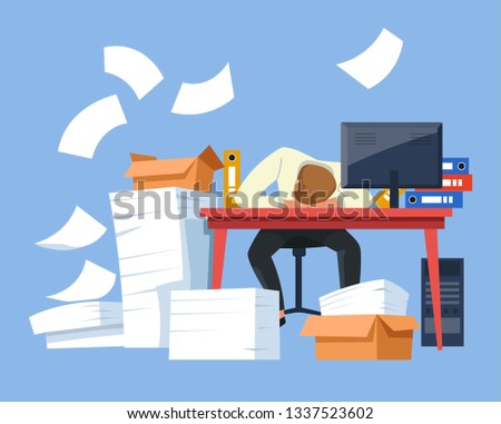 Office worker tired employee exhausted businessman vector man sleeping at workplace documents and cardboard boxes computer monitor and folders overworking deadline work overload nap at desk fatigue