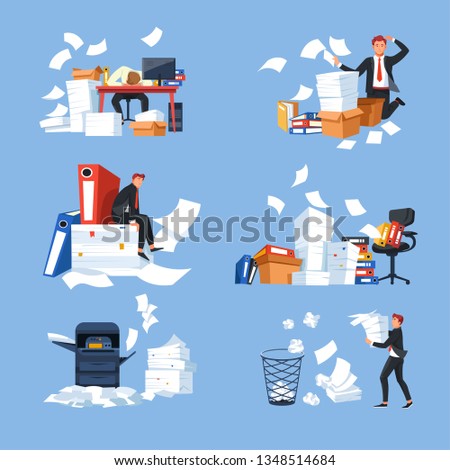 Business office paperwork documents and paper blanks businessman and workload vector stress and overworking desk and chair folder and printer stress tiredness and exhaustion computer and rubbish bin