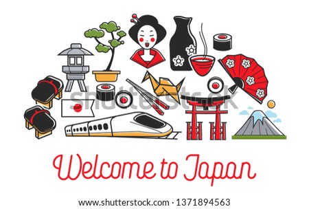Welcome to Japan culture and Japanese country symbols vector sushi and bonsai geisha and tea fan and origami mountain and fast train flip flops and lantern chopsticks and tori gate travel or journey