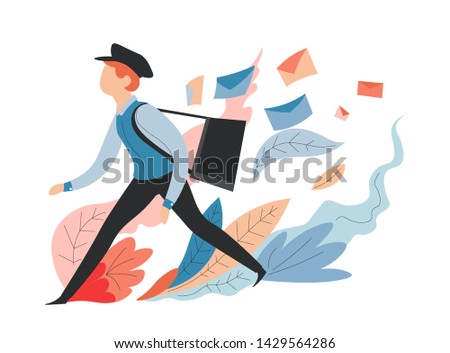 Messages and mail delivery service postman or mailman with bag vector shipping and transportation letters in envelopes distribution correspondence and postage post officer or courier in uniform.