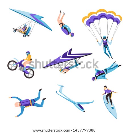 Flying or riding extreme air sport flying and jumping isolated characters vector parachute and hang glider wingsuit and motorcycle surfing man in protective clothing helmet or diving costume.