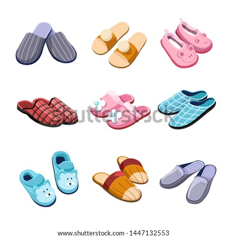 Home footwear Slippers isolated pairs male female and for kids vector flip flops shoes checkered textile animal head flowers and bubos domestic outfit element or garment clothing soft fabric.
