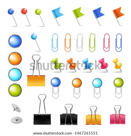 Stationery supply pins and clips isolated icons office items vector fastener and clamp pushpin and paperclip color devices needles, and flags paperwork student or secretary workplace equipment