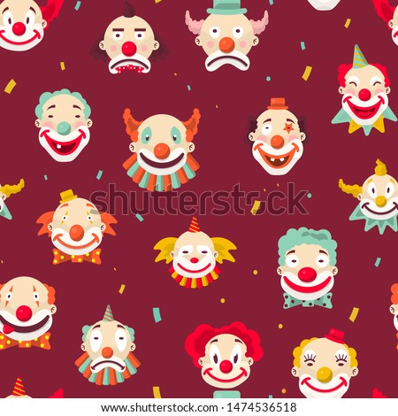 Clowns faces circus artists seamless pattern jokers with makeup vector red nose and wig amusement and entertainment, show performers endless texture harlequins or funsters wallpaper print funnymen
