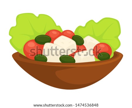 Greek salad caesar in plate served meal vector isolated dish made of organic ingredients product with feta cheese, and cherry tomatoes olives and leaves healthy homemade meal nutrition snacks