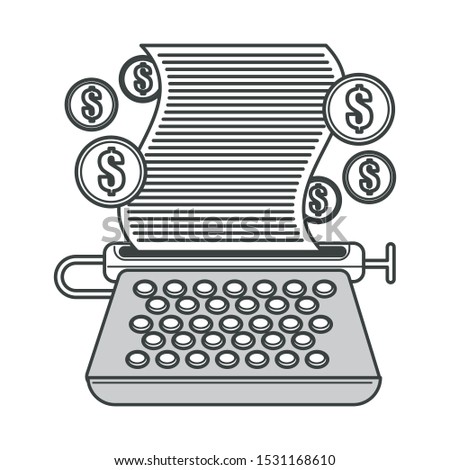 Freelance writing. Typewriter, typing machine, paper with typed text and dollar coin icons. Write for money, creative job. Isolated black line graphic vector illustration on white background.