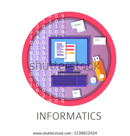 Informatics scientific discipline with computer, keyboard, keys, mouse, memory flash card, matrix, data flow cartoon icons inside circle, detailed colorful concept illustration and text