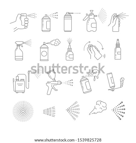 Spray cans isolated flat line icons vector. Hand with aerosol, airbrush and graffiti art, automizer and construction foam, medical means container. Disinfection and cleaning, building and washing