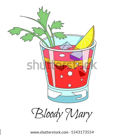 Bloody Mary cocktail garnished with celery stick and tomato, alcohol in glass isolated icon vector. Cocktail with lemon slice, highball of vegetable drink. Ice cubes in tomato beverage with greenery