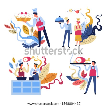 Culinary chefs in apron and caps cooking. Food preparation and waiter serving ready meal, steak on tray. Cupcake recipe. Restaurant business and cook off competition concept. Vector illustrations.