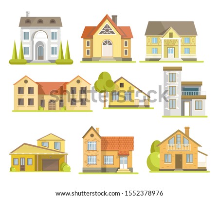 Houses, residential buildings of different styles, front view. Traditional suburban cottage, modern townhouse. Two or three story, with garage, windows and various roof shapes. Vector illustration.
