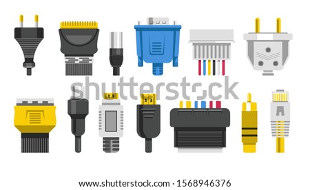 Connection cables and connectors, wiring and audio or video adapters, plugs isolated icons vector. Ethernet network port, HDMI and DVI or RCA. Electric appliance and technology devices linking