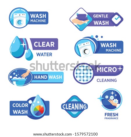 Laundry and washing machine regimes or powder properties isolated icons vector. Washer and gentle or hand wash, clear water and micro cleaning. Color linen and fresh fragrance, household and hygiene