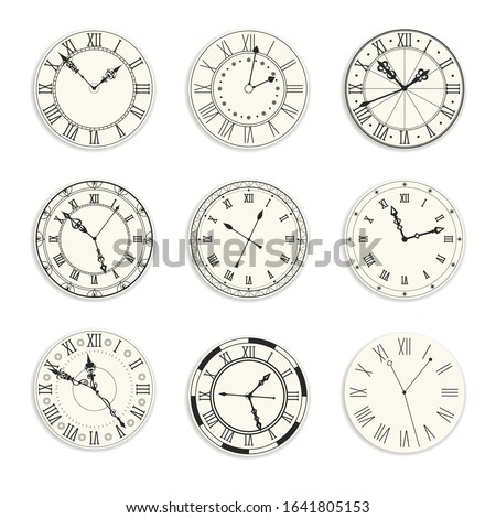 Clock dial with hands, vintage watch isolated icons, retro accessory vector. Time measurement, New Year symbol, roman digits. Swirly arrows, relic and mechanism of cogwheels, hours and minutes