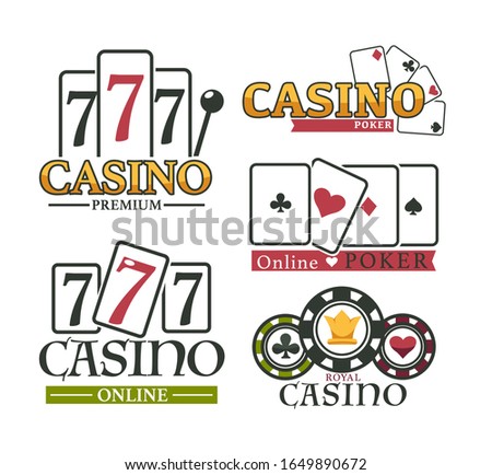 Gambling logotype online poker, premium and royal casino isolated on white symbol. Ace and 7 card and chip with lear heart, pica and cross emblem set. Business roulette entertainment logo vector