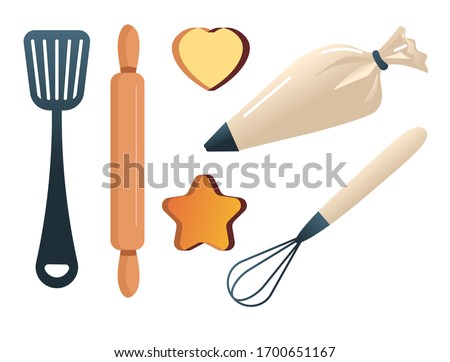 Cake decorating tools, baking and bakery, cookie making and icing supplies isolated icons vector. Bakehouse or confectionery, spatula and rolling pin. Heart and star shapes, whisk and pastry bag