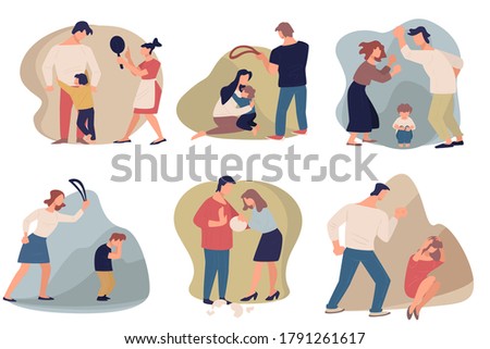 People quarreling and fighting before children, domestic violence and aggression in homes. Anger and hatred. Scared and frightened child, dad beating mother. Mom with leather belt vector in flat style