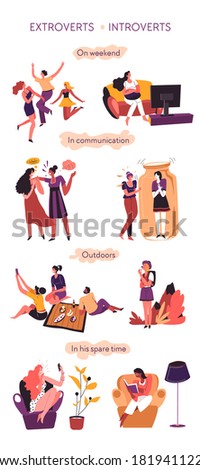Introvert versus extrovert, behavioral comparison of psychological types. Partying and talkative extroverted personages and calm, quiet introverted characters in communication vector in flat style Foto stock © 