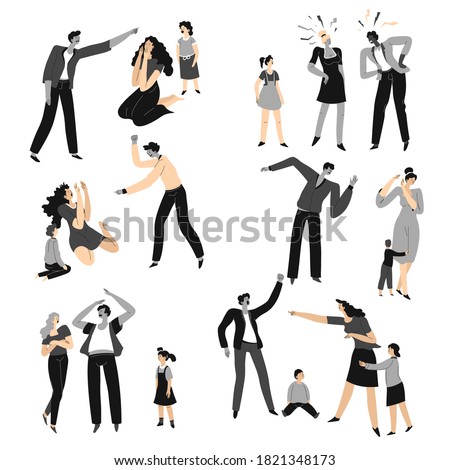 Fighting mother and father shouting and screaming, violent and brutal behavior of dad. Conflicts and misunderstanding between parents. Quarrels and offends, aggression and despair, vector in flat Foto stock © 