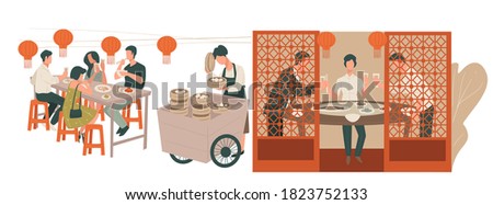 Friends eating and drinking beverages at chinese restaurant. Partners on meeting trying asian cuisine in isolated room. Street seller with traditional dim sum dumplings, selling food, vector in flat