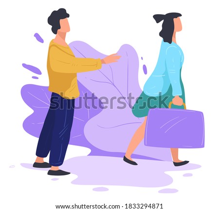 Married couple splitting up, divorce or break up of boyfriend and girlfriend. Woman leaving man behind, lonely male character stretching hands calling female back. Rejection of partner, vector