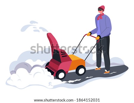 Male character using snowblower or special machine to remove snow masses from streets and roads. Personage with tool for cleaning pavements. Equipment for winter season. Vector in flat style