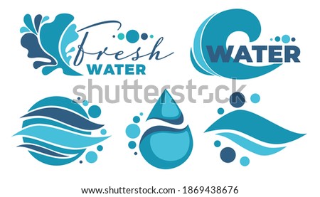 Drops and waves, fresh water labels or emblems with calligraphic inscription. Isolated badges with pure liquid, advertisement of product or brand selling drinks. Slashes and text. Vector in flat style