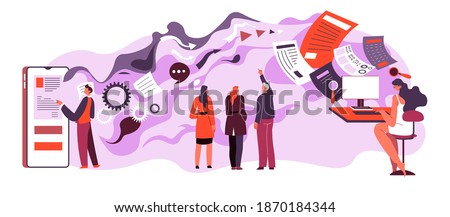 Exchanging data online in internet. People using gadgets to receive and send information. Marketing or project of company. Employees with documents and papers for business. Vector in flat style