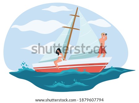 Couple of boyfriend and girlfriend relaxing by seaside. Rich people on yacht or cruise, sailboat for two. Summer vacation and rest on vacations. Boy with binoculars. Marine trip, vector in flat style