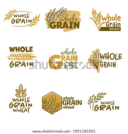 Bakery emblems or labels with spikelets and inscriptions. Isolated badges of whole grain wheat products, healthy lifestyle and ingredients for improving health dieting balance. Vector in flat style Foto d'archivio © 