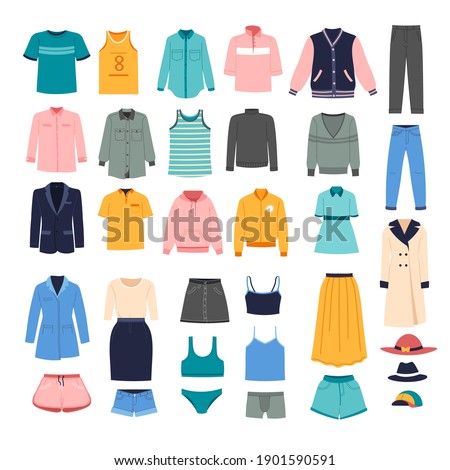 Stylish outfits for women, fashionable clothes assortment collection. Jumpers and coats, trousers and blouses, underwear and outerwear for cold and frosty seasons. Store or shop. Vector in flat style