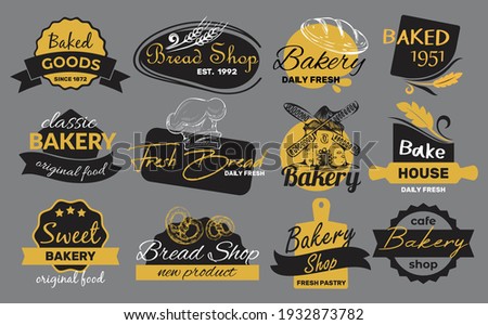 Fashionable sticker for bread product, vector illustration. Vintage mill label lettering bakery. Chef's hat logo, fresh bread. Promotional label for premium bakery products. Advertising brand layout.