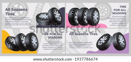 All seasons tire collection of flat banners. New car tires on road mark background, vector illustration. Change of seasonal tires for wheels, landing page collection. Car maintenance service