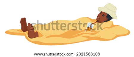 Resting man with cocktail wearing hat, male character buried in sand on beach. Summer holidays and vacation, fun time by seaside. Happy personage, leisure and recreation. Vector in flat style