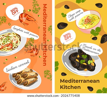 Mediterranean cuisine, dishes and food diversity on discount. Spaghetti with prawns, Sicilian cannoli, cheese soup, mussels served on plate. Promotional banner, menu of cafe or restaurant vector