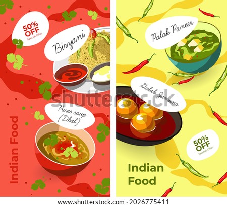 Traditional dishes of Indian cuisine. Palak paneer, biryani, puree soup, gulab jamun served on plates. Promotional banner with 50 percent off price, menu of cafe or restaurant. Vector in flat