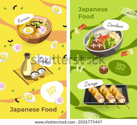 Discounts and sales, promotion banner of japanese food, asian cuisine, oriental meals and dishes. Ramen and soup, donburi and sake alcohol traditionally served drink in bar. Vector in flat style