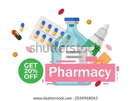 Drug store 20 percent off cost on pills and capsule, drops and liquid in bottle. Treatment and healthcare. Promotion banner with reduction and discount on medicine products. Vector in flat style