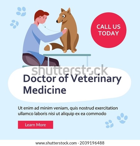 Veterinary help for pets, professional assistance and care for animals. Man with dog or puppy listening and making diagnostics. Website or webpage template, landing page, vector in flat style